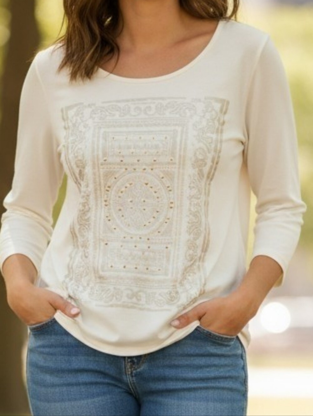 Laura Ashley Cream 3/4  Sleeve Graphic Tee with Stud Accents
